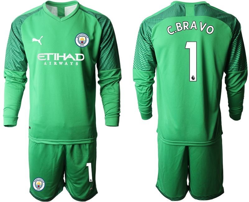 Men 2019-2020 club Manchester City green goalkeeper long sleeve #1 Soccer Jerseys